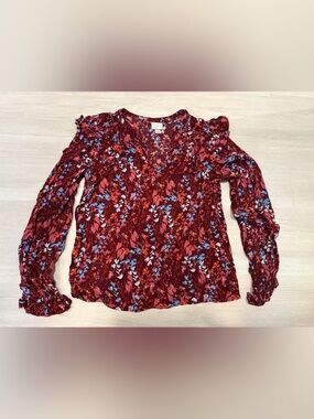 a new day Burgundy Floral Long-Sleeve V-Neck Blouse